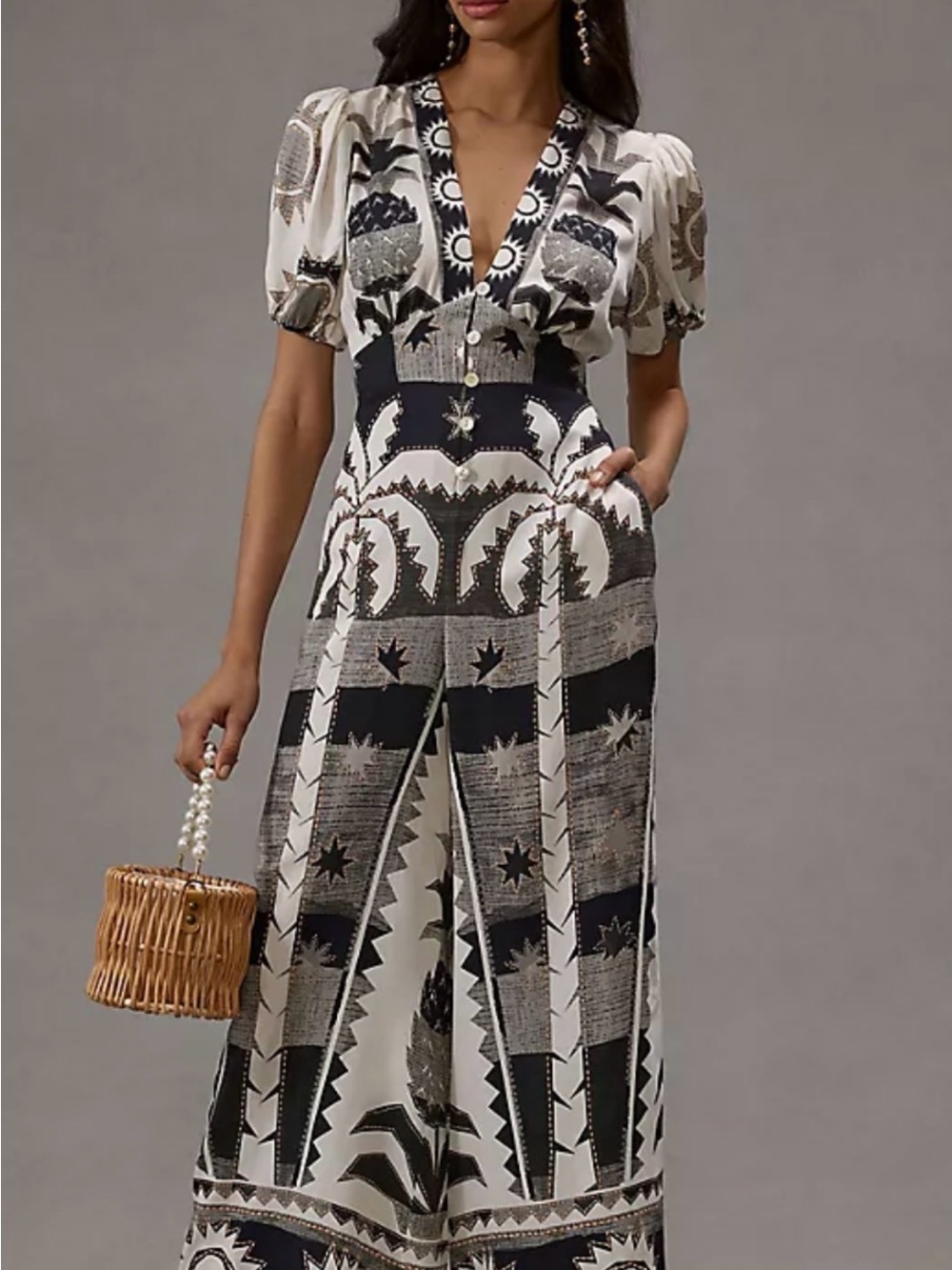 Farm Rio puff sleeve linen jumpsuit medium